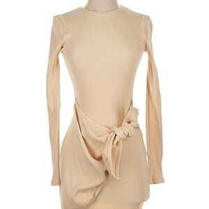 superdown Beige Ribbed Long-Sleeve Tie-Waist Mini Dress